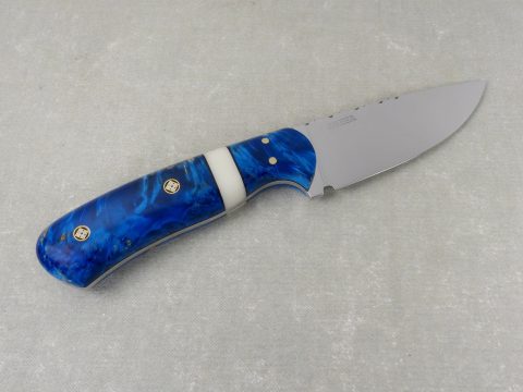 W55 - Top view of Blue Figured Maple and Corian Hunting Knife