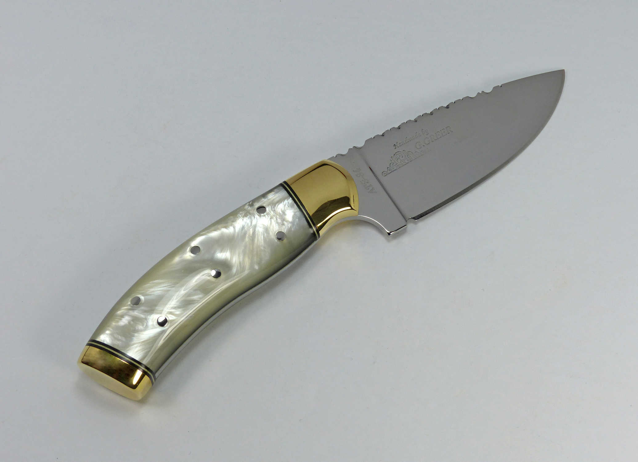Pearl polymer collectors knife with brass bolsters and butt plate