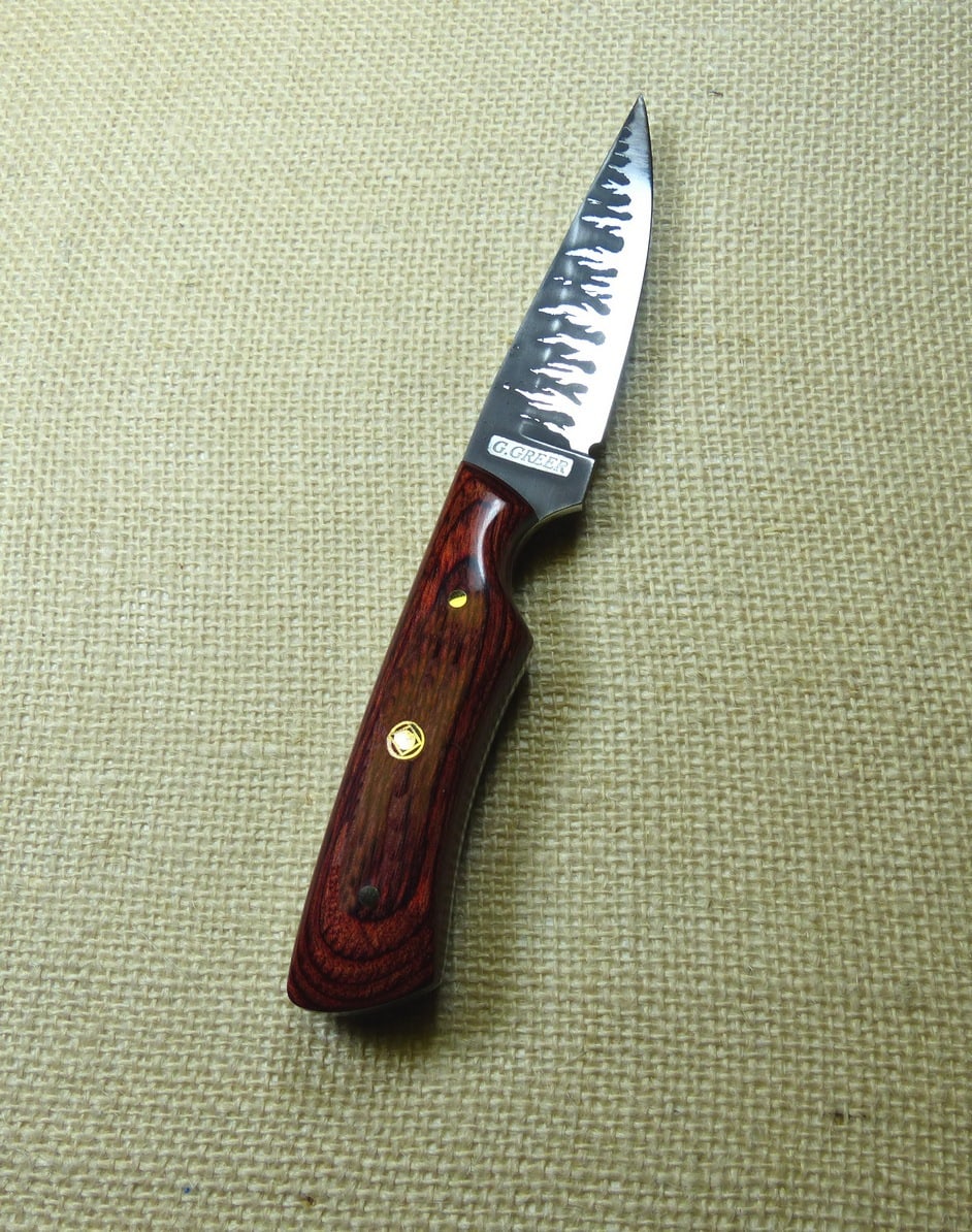 Dymondwood handle knife with flame etching on blade