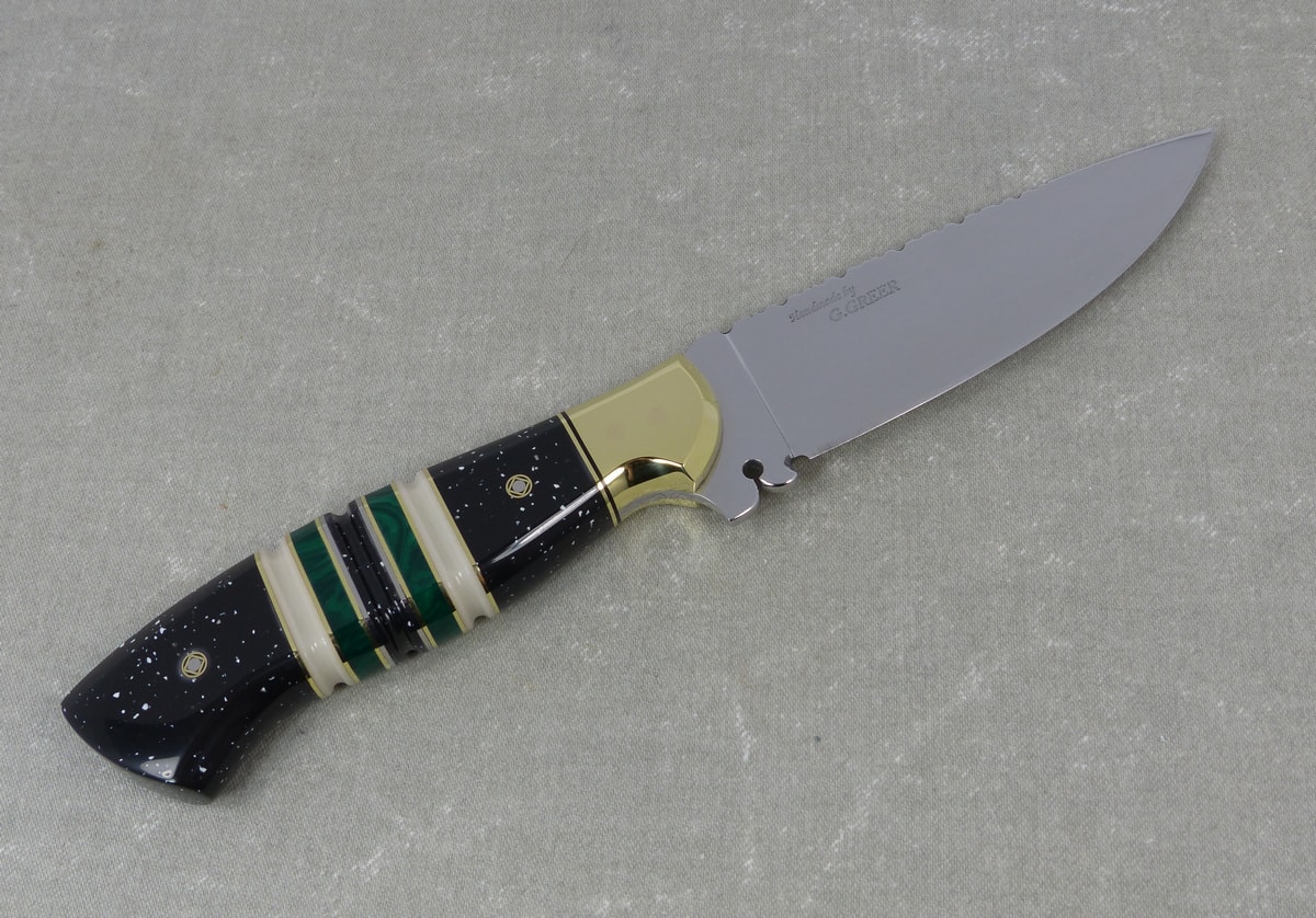 Bespoke art knife with malachite and Corian bands