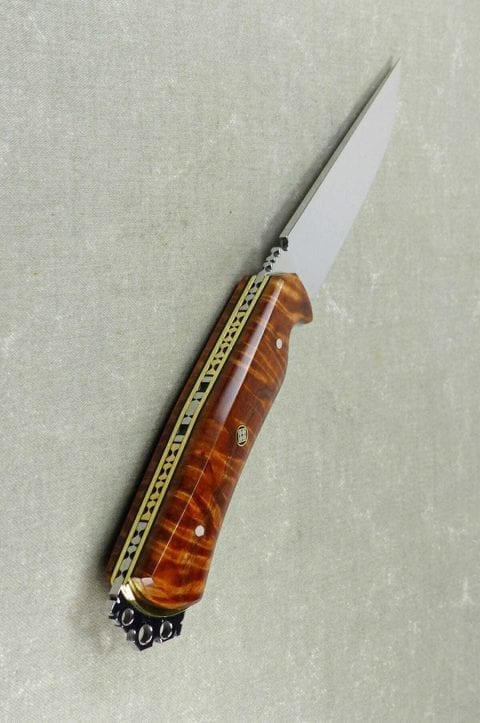 Flame maple art knife with intricate tang filework