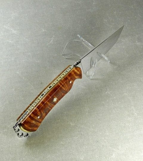 Tang filework, sculptured crown and mosaic pin in flame maple handle