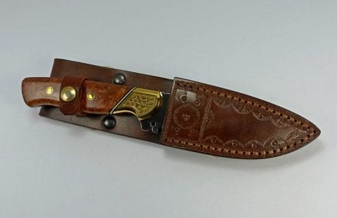 Burled elm art knife inside hand tooled brown leather sheath