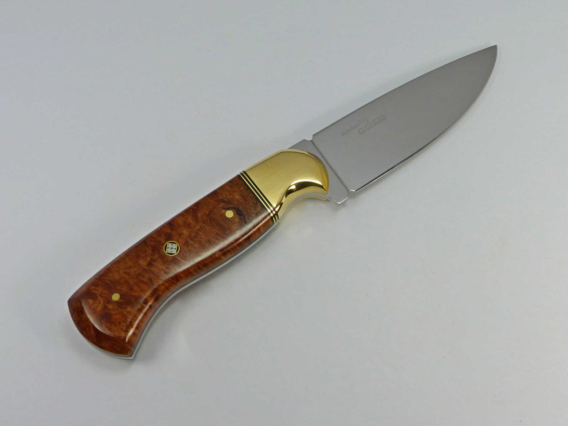Canadian handmade show knife with beautiful brown elm wood handle and brass bolsters