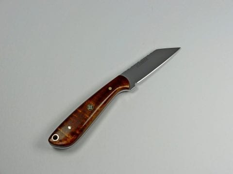Everyday carry knife with brown wood handle and sharp pointed blade
