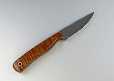 High quality everyday carry knife with medium brown wood handle and sharp drop point blade