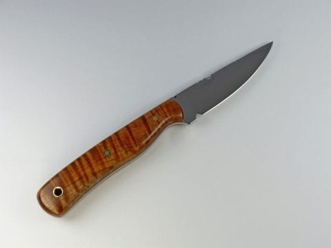 High quality everyday carry knife with medium brown wood handle and sharp drop point blade