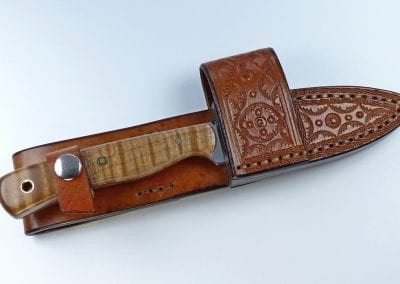 E7 Brown EDC knife inside handmade leather cross draw sheath