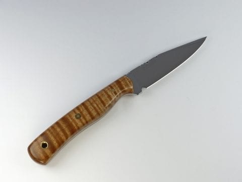 Dark striped brown handled knife with sharp pointed blade made from natural flame maple