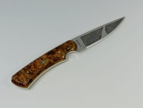 Etched blade with vine pattern on burled elm handled knife - F4
