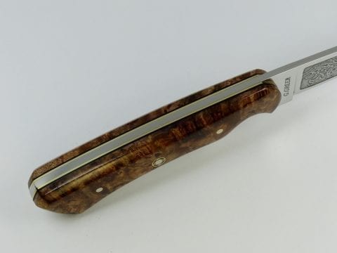 Knife with burled elm handle showing black and brass tang liners - F4