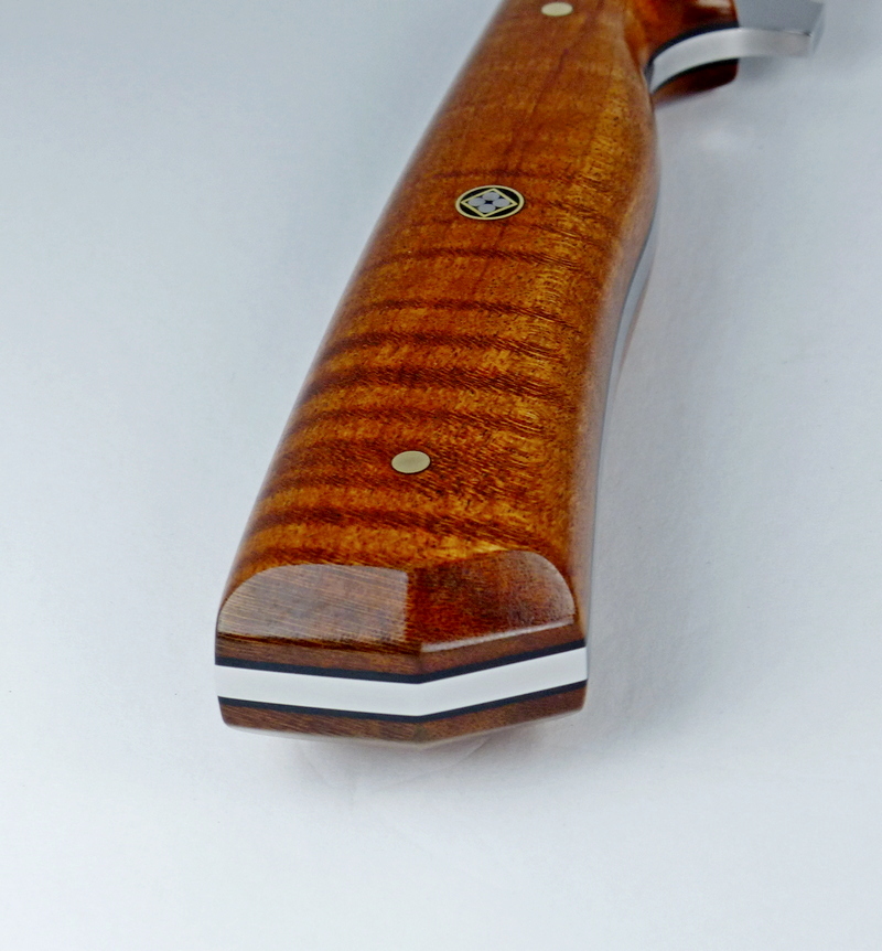 Rear view of handle on W35 flame maple hunting knife