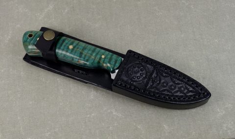 EDC 4 Teal Flame Maple everyday carry knife inside handmade leather sheath