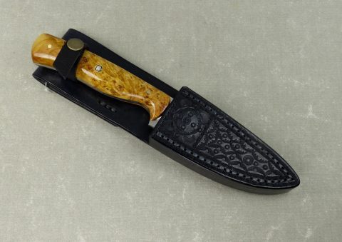 W37 Burled Maple Knife inside handmade black leather sheath