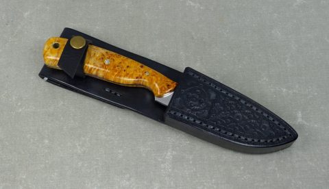 EDC 1 burled maple knife inside sheath