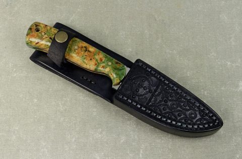 EDC3 Burled maple knife inside handmade leather sheath