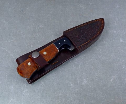 W52 - Burled Elm hunting knife inside handcrafted leather sheath