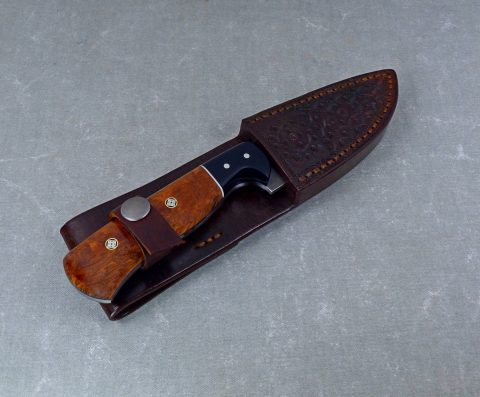 W52 - Burled Elm hunting knife inside handcrafted leather sheath