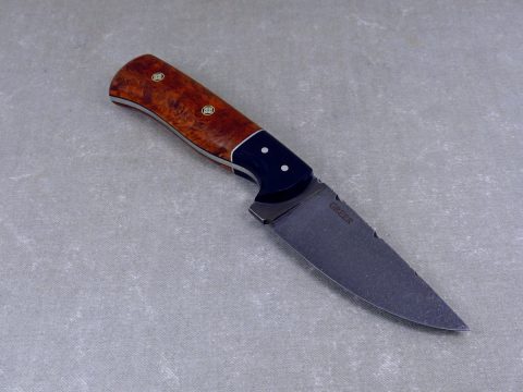 W52 - Burled Elm hunting knife with tonewashed blade and black micarta bolsters