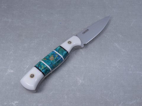 h10 burled maple hunting knife with corian strips
